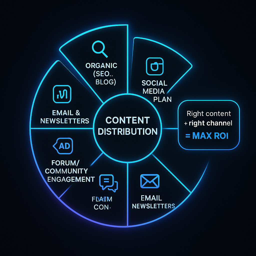 Content distribution strategies include SEO, social media, email, forums, and platforms to maximize ROI with the right channel.